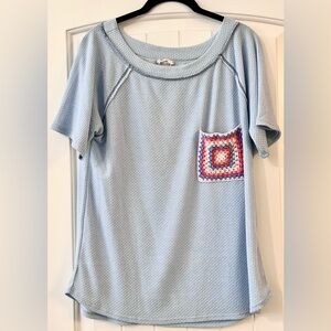 BiBi Light Blue Waffle Knit Tee with Multicolor Crochet Accent